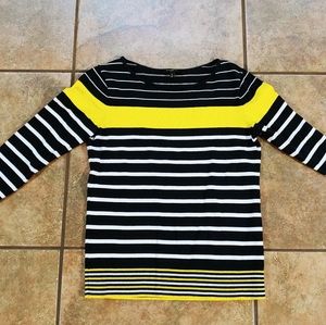 Talbot's Nautical Petite Knit Shirt.  Black and White Stripes with Large Yellow